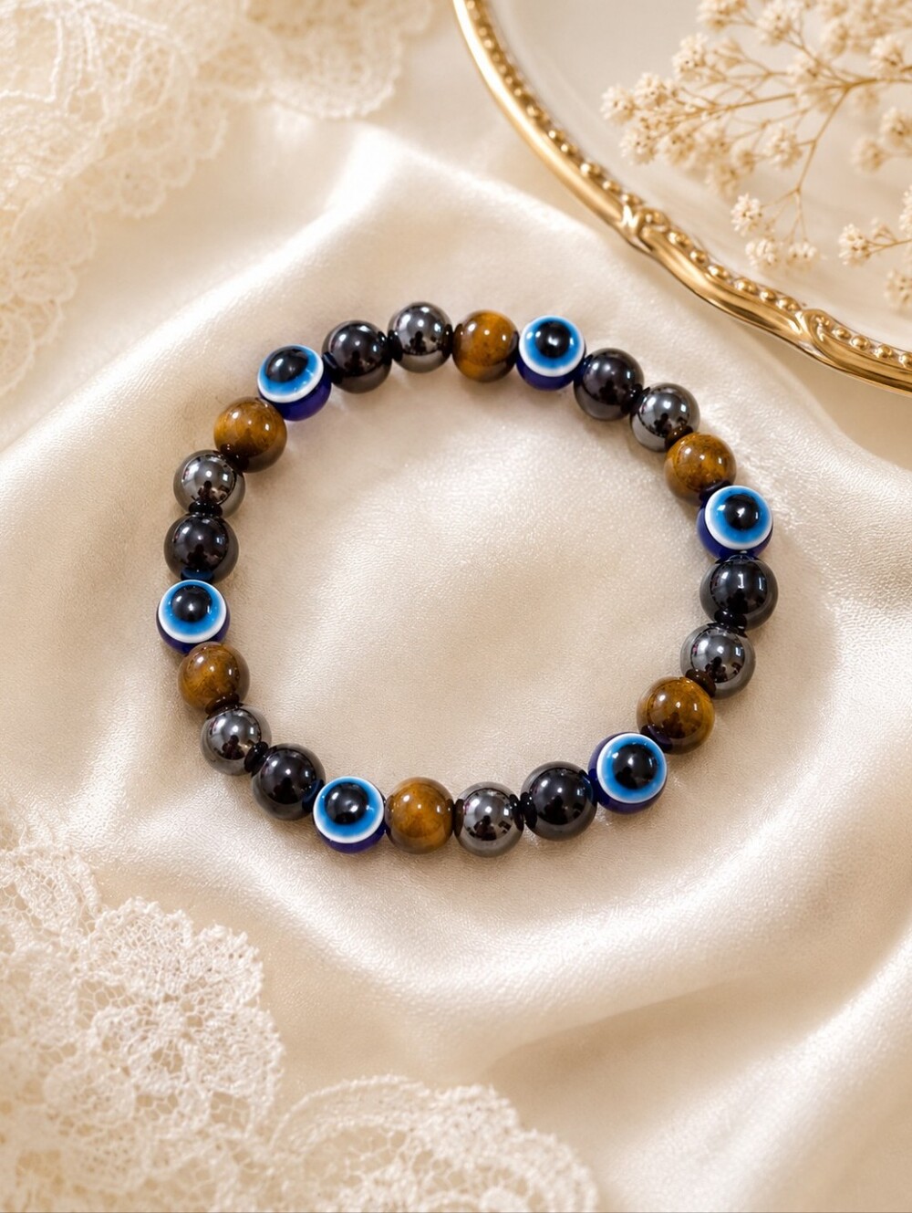 Unisex Evil Eye Tiger’s Eye Protection Stretch Bracelet Blue Nazar Good Luck